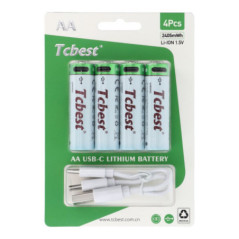 TCBEST rechargable battery R6 (AA) 1600 mAh with socket Type C + cable USB A to 4 x Type C 4 pcs
