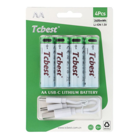 TCBEST rechargable battery R6 (AA) 1600 mAh with socket Type C + cable USB A to 4 x Type C 4 pcs