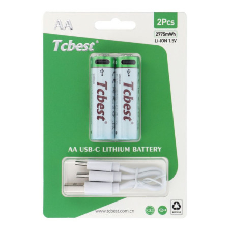 TCBEST rechargable battery R6 (AA) 1850 mAh with socket Type C + cable USB A to 2 x Type C 2 pcs