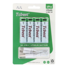 TCBEST rechargable battery R6 (AA) 1850 mAh with socket Type C + cable USB A to 4 x Type C 4 pcs