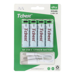 TCBEST rechargable battery R6 (AA) 950 mAh with socket Type C + cable USB A to 4 x Type C 4 pcs