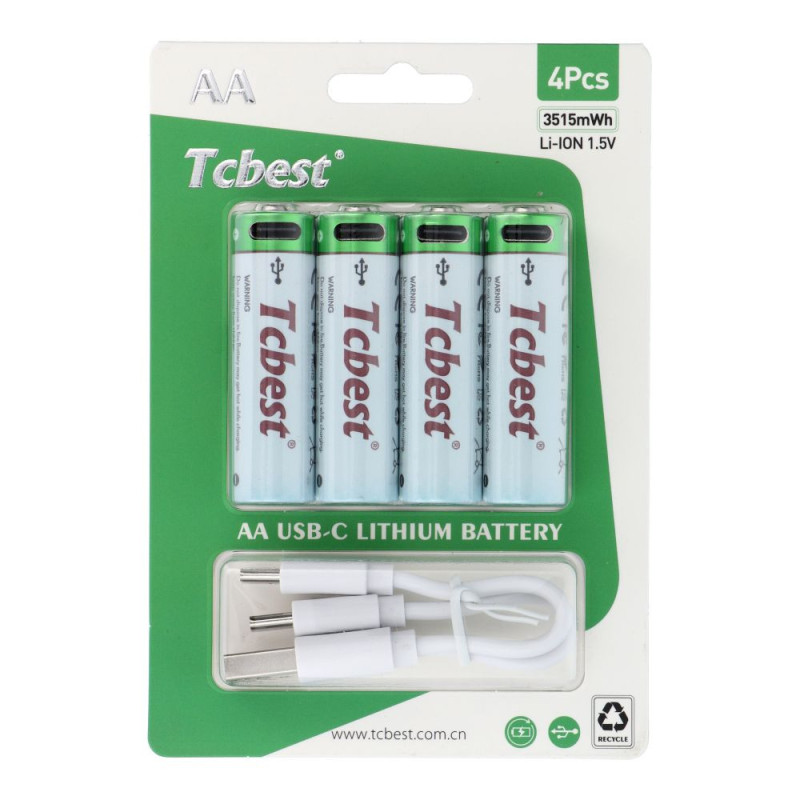 TCBEST rechargable battery R6 (AA) 950 mAh with socket Type C + cable USB A to 4 x Type C 4 pcs
