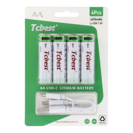 TCBEST rechargable battery R6 (AA) 2713 mAh with socket Type C + cable USB A to 4 x Type C 4 pcs