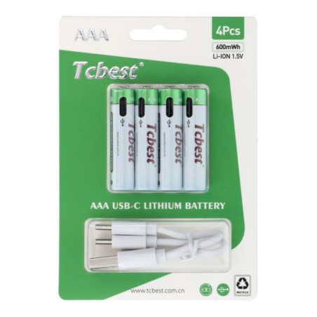 TCBEST rechargable battery R3 (AAA) 400 mAh with socket Type C + cable USB A to 4 x Type C 4 pcs