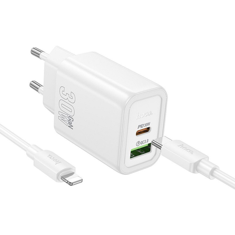 Phone charger Hoco USB A + USB C QC3.0 PD 3A 30W + cable USB C to Lightning N63 white Phone charger Hoco USB A + USB C QC3.0 PD 3A 30W + cable USB C to Lightning N63 white