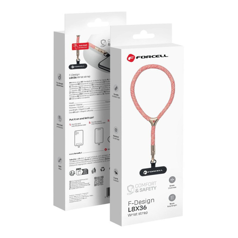 FORCELL F-DESIGN L8X36 wrist phone lanyard with adjustable length (max 18cm in the loop) pink white FORCELL F-DESIGN L8X36 wrist phone lanyard with adjustable length (max 18cm in the loop) pink white