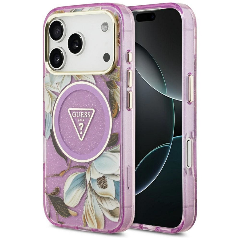 GUESS case for IPHONE 17 Pro compatible with MagSafe GUHMP17LHFLPEDU (IML Metal Glitter Flowers Triangle) purple