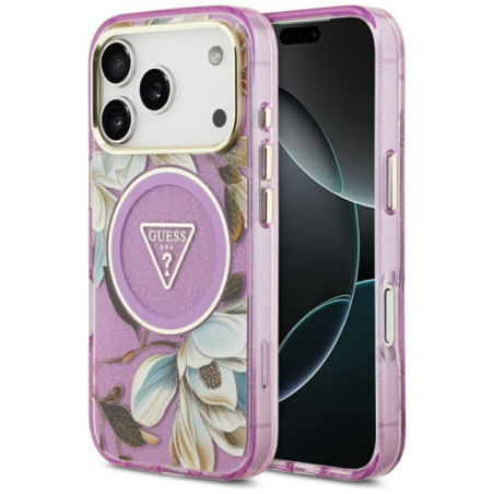 GUESS case for IPHONE 17 Pro compatible with MagSafe GUHMP17LHFLPEDU (IML Metal Glitter Flowers Triangle) purple