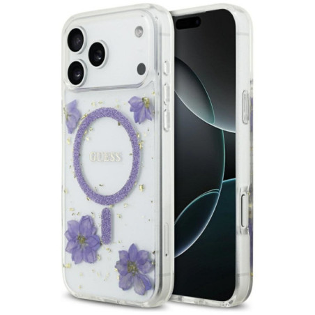 GUESS case for IPHONE 17 Pro Max compatible with MagSafe GUHMP17XRBFGFGMU (Resin Flowers and Glitter) purple