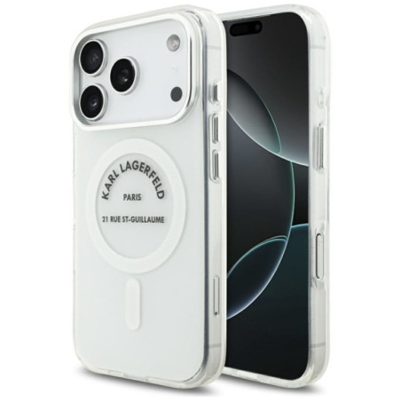 KARL LAGERFELD case for IPHONE 17 Pro compatible with MagSafe KLHMP17LHKRSGPT (IML Karl RSG Logo) transparent