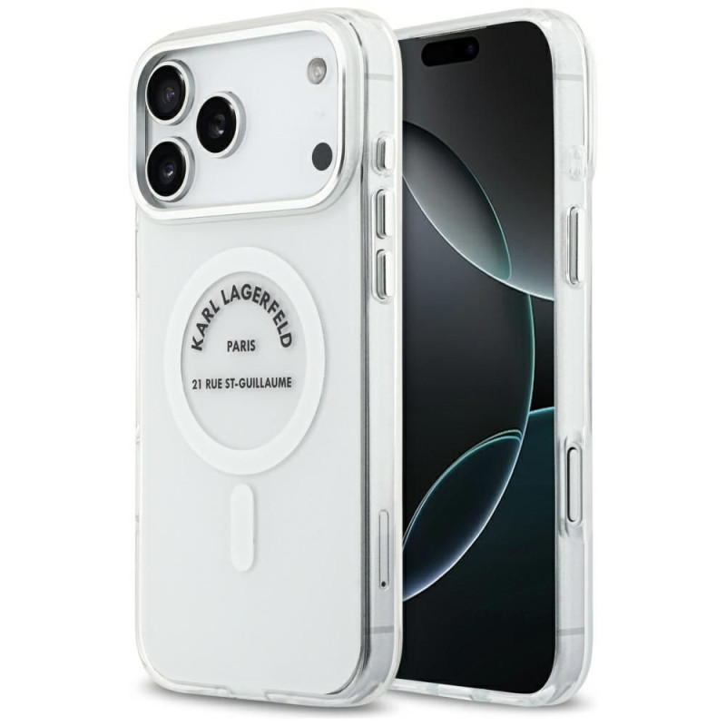 KARL LAGERFELD case for IPHONE 17 Pro Max compatible with MagSafe KLHMP17XHKRSGPT (IML Karl RSG Logo) transparent