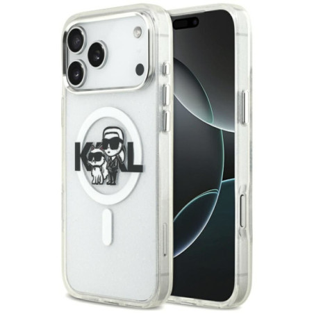 KARL LAGERFELD case for IPHONE 17 Pro Max compatible with MagSafe KLHMP17XHGKCGKBT (IML Glitter K&C Sketch Logo) transparent