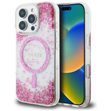 GUESS case for IPHONE 16 Pro compatible with MagSafe GUHMP16LRGRGEP (Resin Bottom Glitter) pink
