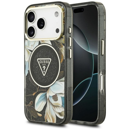 GUESS case for IPHONE 17 Pro Max compatible with MagSafe GUHMP17XHFLPEDK (IML Metal Glitter Flowers Triangle) black