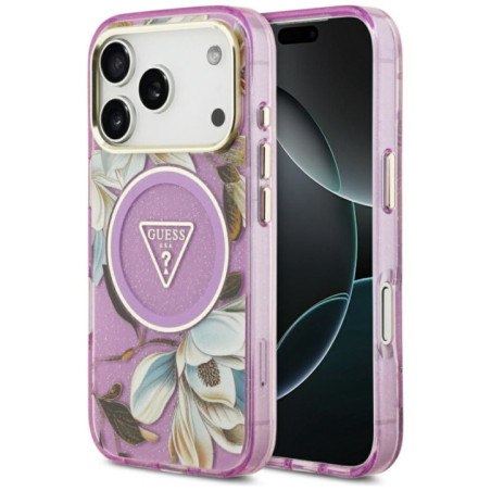 GUESS case for IPHONE 17 Pro Max compatible with MagSafe GUHMP17XHFLPEDU (IML Metal Glitter Flowers Triangle) purple