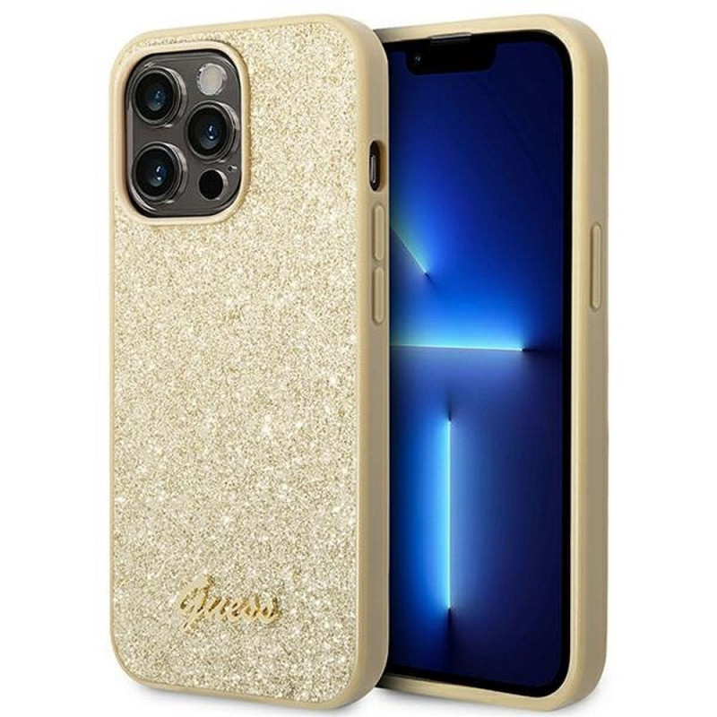 GUESS case for IPHONE 14 Pro Max GUHCP14XHGGSHD (Glitter Flakes Script Metal Logo) gold