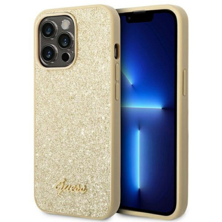 GUESS case for IPHONE 14 Pro Max GUHCP14XHGGSHD (Glitter Flakes Script Metal Logo) gold