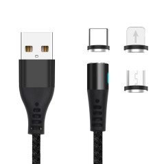 Kabel Nylon 100cm 2A USB-A auf USB-C + Lightning + microUSB MAGNETIC CONNECTOR