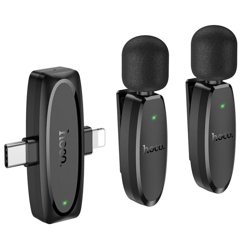 Wireless lavalier microphone Lightning / USB C Hoco 2 pcs L15 black Wireless lavalier microphone Lightning / USB C Hoco 2 pcs L15 black