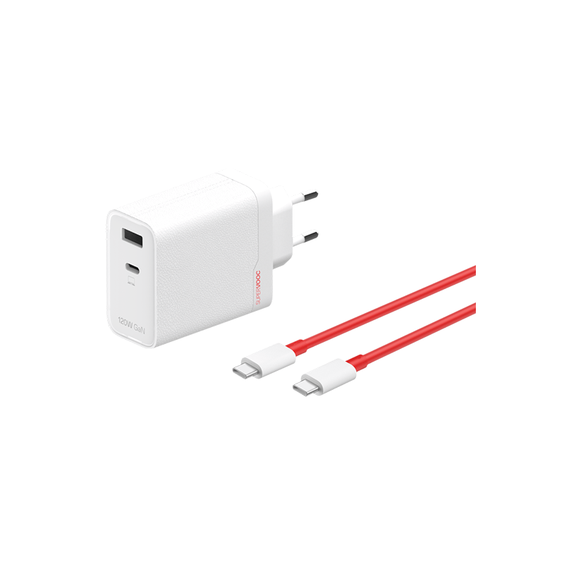 OnePlus 120W Dual Ports SuperVooc  Adapter + Cable (Type-C + Type-A) - White
