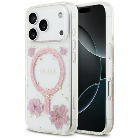 GUESS case for IPHONE 17 Pro compatible with MagSafe GUHMP17LRBFGFGMP (Resin Flowers and Glitter) pink
