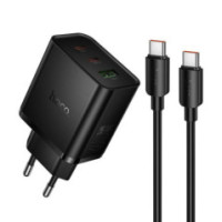 Phone charger Hoco 2x USB C + USB A QC3.0 PD 3A 65W + data cable USB C to USB C  N75 black
