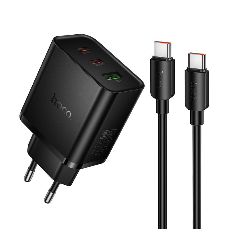 Phone charger Hoco 2x USB C + USB A QC3.0 PD 3A 65W + data cable USB C to USB C N75 black Phone charger Hoco 2x USB C + USB A QC3.0 PD 3A 65W + data cable USB C to USB C N75 black