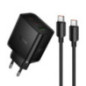 Phone charger Hoco 2x USB C + USB A QC3.0 PD 3A 65W + data cable USB C to USB C N75 black Phone charger Hoco 2x USB C + USB A QC3.0 PD 3A 65W + data cable USB C to USB C N75 black