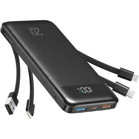 Powerbank Charmast W1148 5V 3A 10000 mAh with built-in cables USB A / USB C / Lightning / Micro USB black