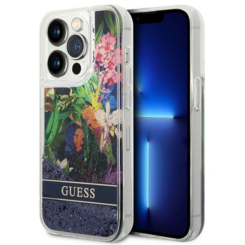 GUESS case for IPHONE 14 Pro GUHCP14LLFLSB (Flower Liquid Glitter) blue