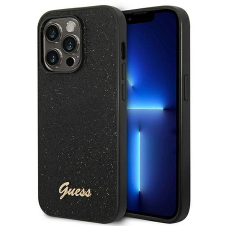 GUESS case for IPHONE 14 Pro GUHCP14LHGGSHK (Glitter Flakes Script Metal Logo) black