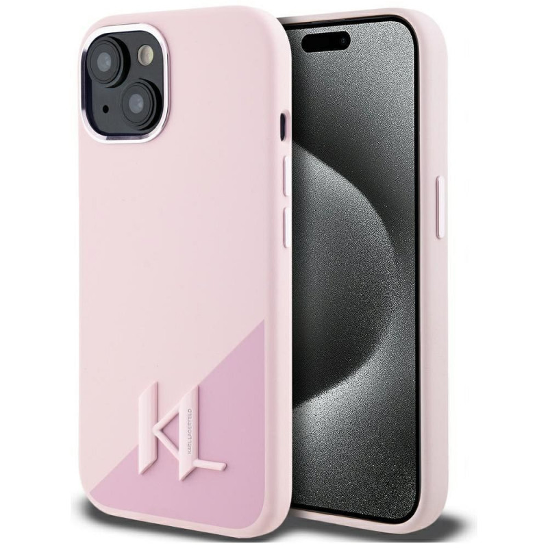 KARL LAGERFELD case for IPHONE 15 compatible with MagSafe KLHMP15SSCMKMPCP (Silicone Initial Metal Logo) pink