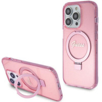 GUESS case for IPHONE 15 Pro compatible with MagSafe GUHMP15LHRSGSP (Glitter Script Logo Ring stand) pink