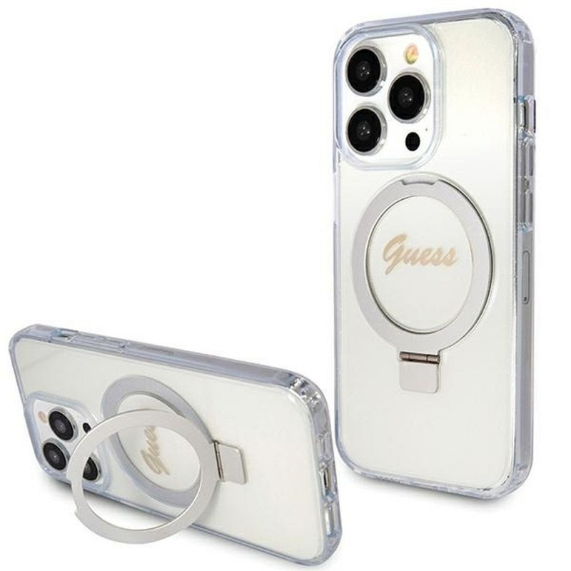 GUESS case for IPHONE 15 Pro compatible with MagSafe GUHMP15LHRSGSD (Glitter Script Logo Ring stand) transparent