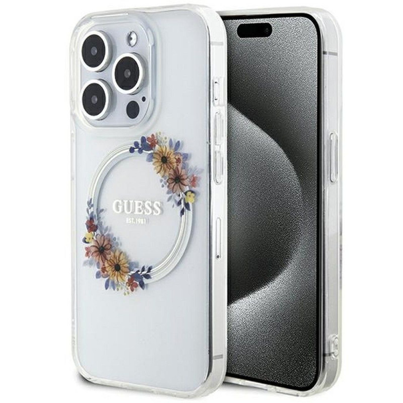 GUESS case for IPHONE 15 Pro compatible with MagSafe GUHMP15LHFWFCT (Flowers Wreath)  transparent