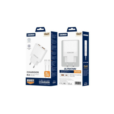 CHARGER USB-C + USB-A 20W GaN JELLICO EU57 white + Cable USB-C