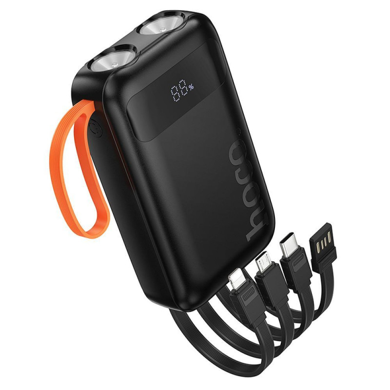Powerbank Hoco 10000 mAh 2A with built-in cables USB A + USB C+ Lightning + Micro USB and double light J151 black Powerbank Hoco 10000 mAh 2A with built-in cables USB A + USB C+ Lightning + Micro USB and double light J151 black