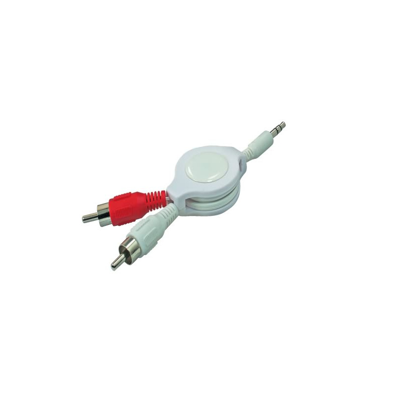 Audio Connector Kabel auf Cinch auf ausziehbarer Spule, weiß, 1,5 Meter für Mobiltelefone mit 3,5 mm Audioanschluss