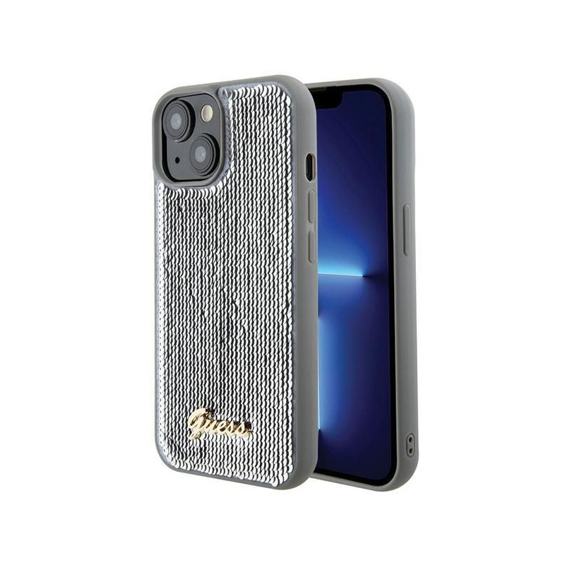 GUESS case for IPHONE 13 / 14 / 15 GUHCP15SPSFDGSS (Sequin Script Metal) silver