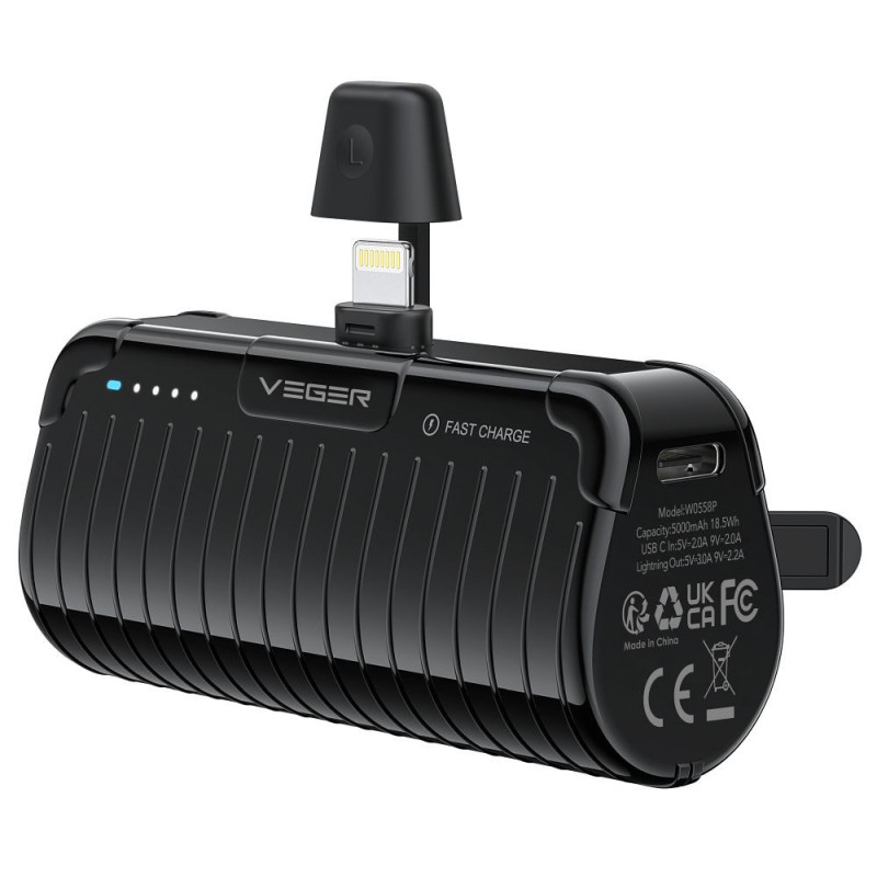 Powerbank Veger PlugOn (W0558P) PD QC3.0 2,4A 20W 5000 mAh with a built-in connector Lightning black