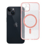 Case for iPhone 14 Clear Mag Cover with camera protection compatible with MagSafe pink glitter