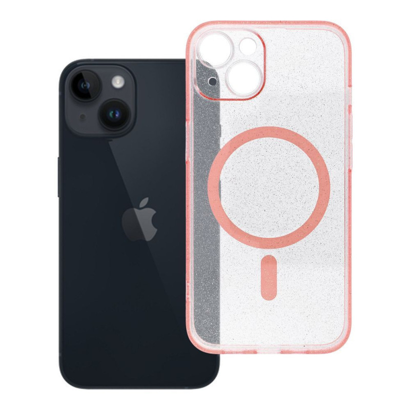 Case for iPhone 14 Clear Mag Cover with camera protection compatible with MagSafe pink glitter