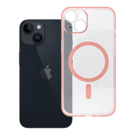 Case for iPhone 14 Clear Mag Cover with camera protection compatible with MagSafe pink glitter