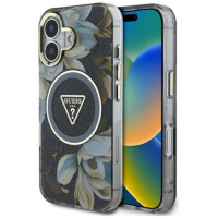 GUESS case for IPHONE 16 compatible with MagSafe GUHMP16SHFLPEDK (IML Metal Glitter Flowers Triangle) black