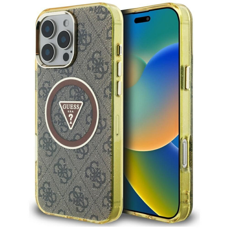 GUESS case for IPHONE 16 Pro compatible with MagSafe GUHMP16LHG4PRTGW (IML Metal Glitter 4G Circle Triangle) brown