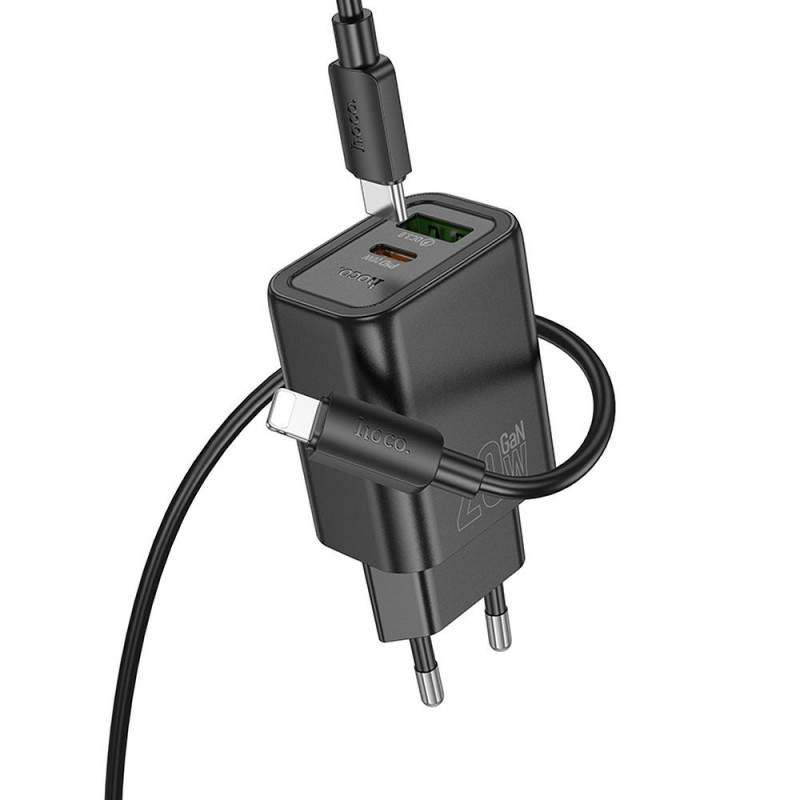 Phone charger Hoco USB A + USB C QC3.0 PD 3A 20W + cable USB C to Lightning N61 black