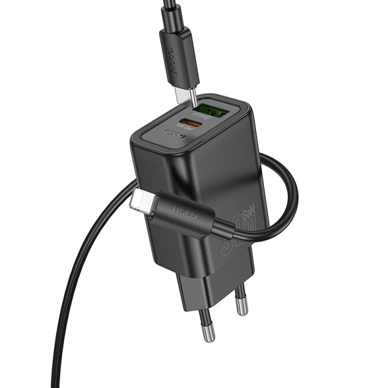 Phone charger Hoco USB A + USB C QC3.0 PD 3A 30W + cable USB C to Lightning N63 black