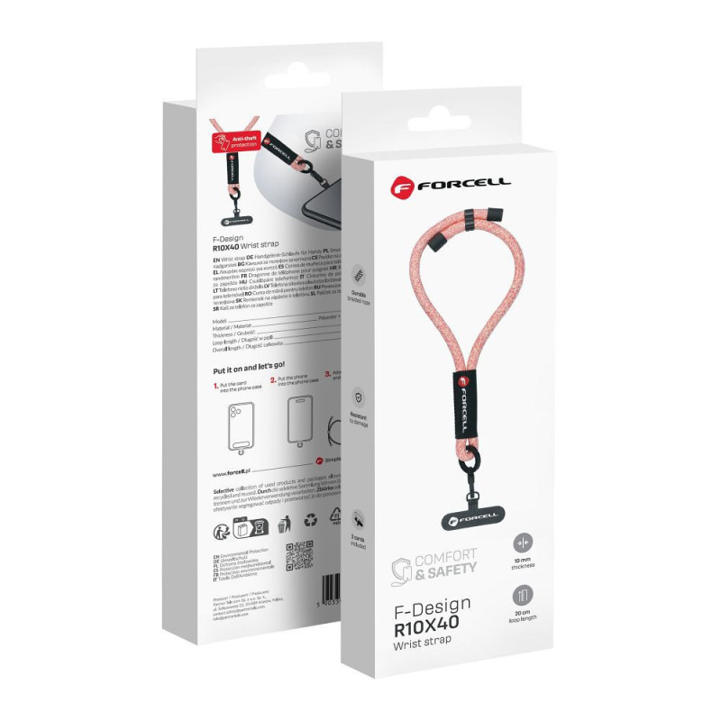 FORCELL F-DESIGN R10X40 wrist phone lanyard with adjustable length (max 20cm in the loop) pink white