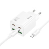 Phone charger Hoco 2 x USB C + 2 x USB A QC3.0 PD 3A 20W + cable USB C to Lightning N55 bia┼éa