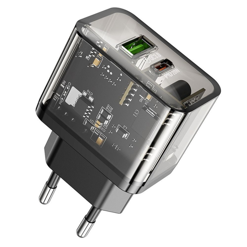 Phone charger Hoco USB A + USB C QC3.0 PD 3A 20W N34 transparent